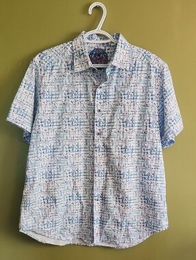 Men's Short Sleeve Patterned Button-Up Shirt - Light Blue Robert Graham Size L